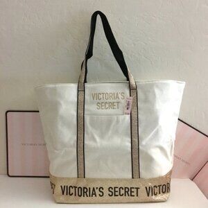 Victoria's Secret Canvas Gold Logo Tote Shopping Gym Book Travel Carry Bag NWT